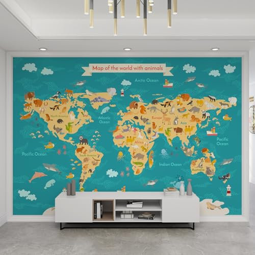 QDJKBL North American Cartoon Animal World Map 3D Mural Climate Print Jellyfish Underwater World Photo Wallpaper Wall Stickers Tear Resistant for Company Sofa Wall - 300 x 210 cm