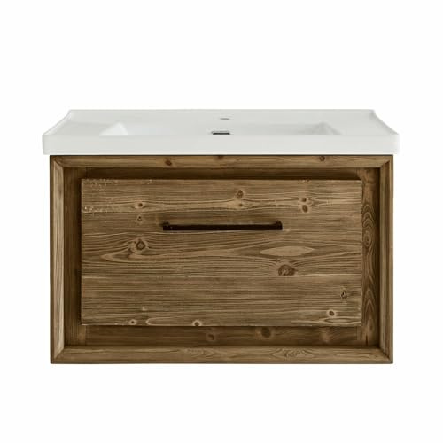 Loberon Waschtisch Greenhaven, Moderne Wandmontage, Großes Keramikbecken mit Ablage, Rustikaler Charme, Badmöbel, Tannenholz, Edelstahl, weiß/braun