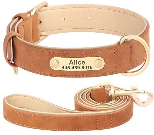 SEOUGEE Personalisiertes Leder-Hundehalsband und Hundeleine-Set, weich gepolsterte Leder-Hundehalsbänder, robust, mit individuell gravierter Namensplatte, verstellbar für kleine, mittlere und große
