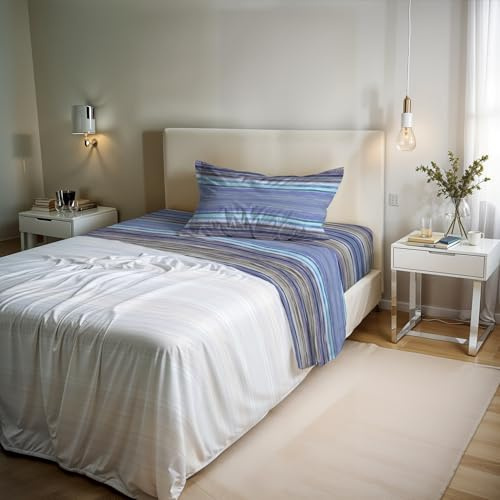Set Lenzuola Letto Singolo River, lavorato in Italia - Completo Letto, Lenzuolo Sotto con Angoli, Telo Sopra 90x200cm e Federa con Patella Interna (Singolo, rio blue)