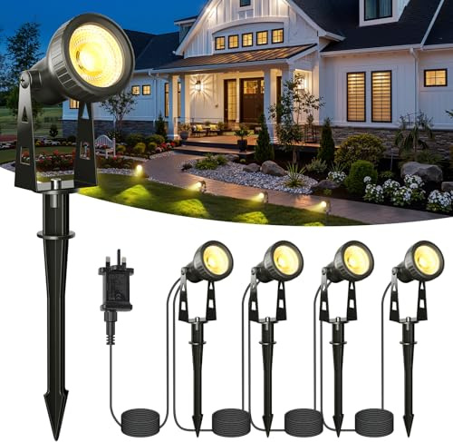 Kawaya 4-in-1 Mains Powered Garden Spike Lights 14M, IP68 Waterproof | Garden Lights 36V Plug LED Spotlights 3100K Outdoor Floor Path Lights for Lawn Pathway Backyard Fence Landscape