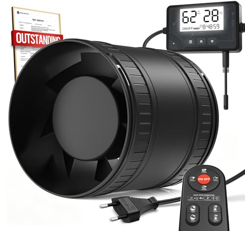 BUMSOU Leise Rohrlüfter mit Feuchtigkeitssensor Temperatursensor Timer, 6 Stufiger Abluftventilator mit Überhitzungsschutz, Rohrventilator 100mm mit Fernbedienung, Rauchabzug Ventilator Bad WC Garage