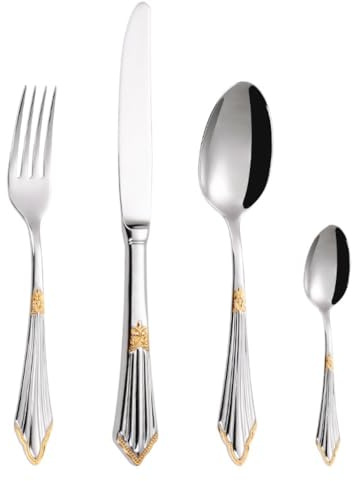 Embossed Handle Kitchen Stainless Steel Silverware Tableware Flatware Cutlery Set Steak Knife Fork Spoon Teaspoon (Silver Gold,4 Pieces)