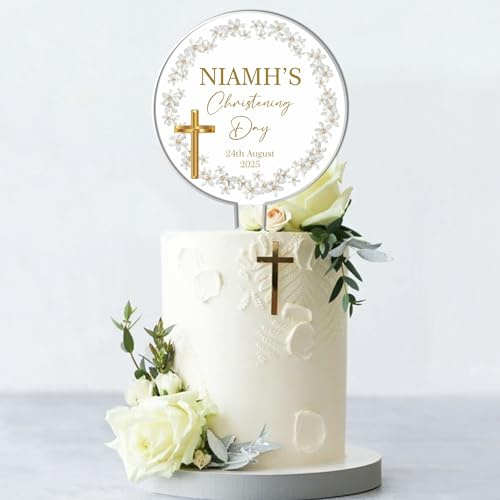 Personalised Acrylic Cake Topper for Christenings Confirmations Holy Communions – Custom Child’s Name & Date with Floral Wreath in 6 Designs (Christening Day, White Floral Wreath)
