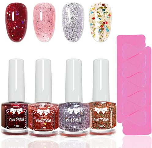 4 Farbe Glitzer Nagellack Set - Schnelltrocknender Nagellack mit 2 Zehenspreizer - Glossy Rot, Transluscent Rosa, Graulila und Confetti Nagelack - No Chip Nail Polish Set für Frauen (Bunt Series)