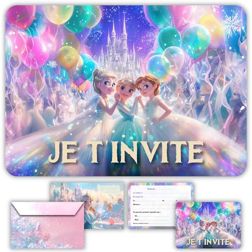 Glowiibo Fun4kid 12 x Cartes Invitation Anniversaire Princesse avec Enveloppes Assorties - Idéal Enfant Fille - Cartons Préremplis en Français pour Fête et Anniversaire