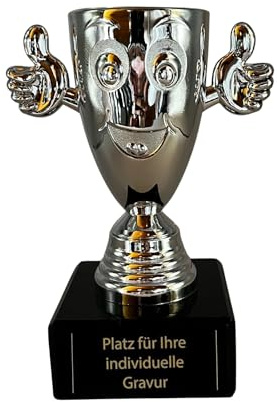 Smiley Pokal Silber 13 cm - Lustige Trophäe mit Daumen Hoch & Gravurschild | 360g Schwerer Spaßpokal mit Marmorsockel - Dekorative Auszeichnung für Kinderfeste, Turniere, Spiele & Firmenevents