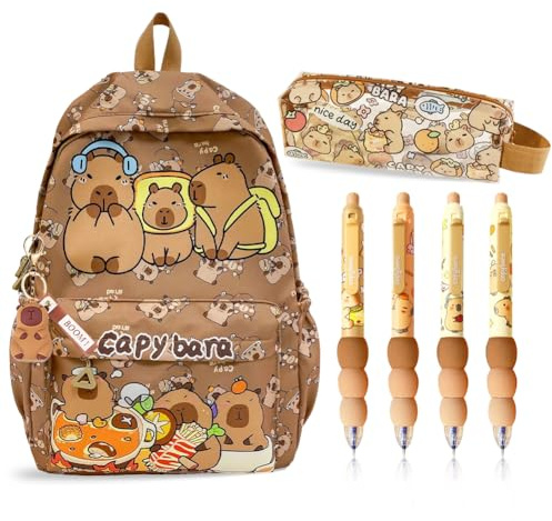 OPVXZAD Mochila Capybara Kawaii - Set Capibara Escolar con Estuche, Bolígrafos & Llavero - Diseño de Animalito Lindo - 19L Gran Capacidad - Regalo para Niños, Niños, Niñas