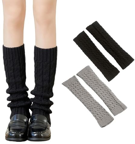 FangBoJie Stulpen Damen Leg Warmers Beinwärmer Frauen Mädchen Winter Beinstulpen Damen Stricken Legwarmers Knie Hoch Stulpen Trachtenstulpen Set Strick für Winterwärmer (2, Schwarz,Grau)