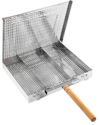 Gettimore Cestello per grigliare in acciaio inox con manico in legno rimovibile, per barbecue, pollo, pesce, verdure, design bloccabile, per cucinare uniformemente, 30,5 x 25,5 x 4 cm