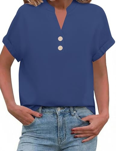 PASUDA Tee Shirt Femme Chemise Été Haut Chic et Élégant Coton Lin Blouse Col V Manches Courtes Chemise Décontracté Ample Tunique Tops avec Boutons T-Shirts