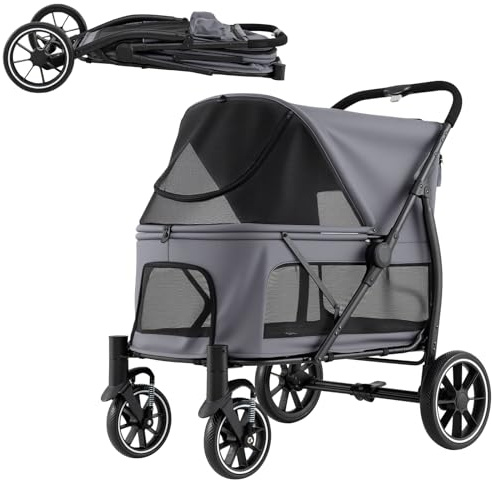 COSTWAY Carrito para Perros Plegable Grande, Cochecito para Mascotas con Ruedas, Toldo Ajustable de Malla, Bolsillos de Almacenamiento y Cinturón de Seguridad, Carga 40 kg, 96 x 71 x 102.5 cm (Gris)