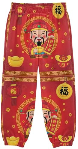 KOCOART Boys Track Pants Age 7-8 Chinese Fortune God Gold Ingots Long Youth Joggers Bottoms with Pockets for Casual, Sporty & Everyday Wear,