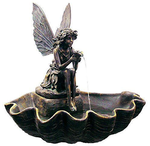 Primrose 78cm Bronze Effect Fairy on a Clam Shell Water Feature Self Contained Outdoor Patio Garden Fountain