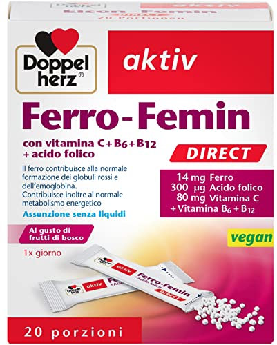 Ferro Femin Direct - 1 x 20 Bustine - Integratore Vegano per la Donna con Acido folico e Vitamina C - per i Globuli Rossi e il Metabolismo Energetico - Doppelherz (FERRO FEMIN NUOVO)