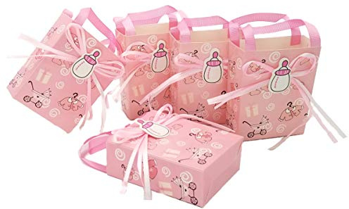 JZK 24 x Rosa Gastgeschenk Süßigkeiten Schachtel mit Babyflasche Muster für Baby Mädchen Geburtstag Taufe Neugeborenen Babyparty Baby Shower Kinder Party