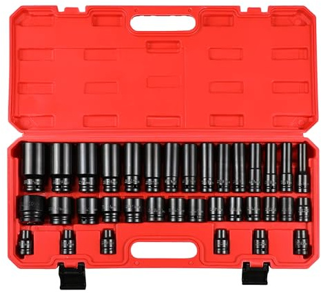 LYSTAO 1/2 Impact Sockets Set, 35PCS 6 Point Deep Socket Tool Drive Jumbo Impact Socket Kit for Garage Workshop, SAE & Metric 8-32 MM