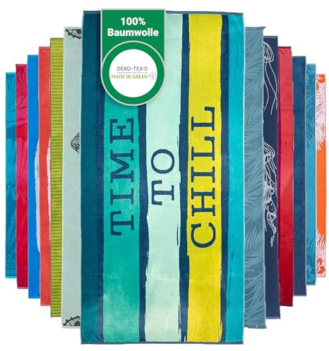 BaSaTex Baumwolle Velours Strandtuch, 90x180 cm, Chill Blau | 100% Baumwolle, Made in Green Zertifiziert, Frottee Seite, Velours Seite, Strandhandtuch