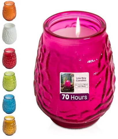 We Can Source It Ltd – 6 x Low Boy Glass Jar Candles with 70 Hour Burn Time – Fuchsia Pink Wax Jars for Home, Garden, Restaurant & Commercial Use – Lead-Free Cotton Wick