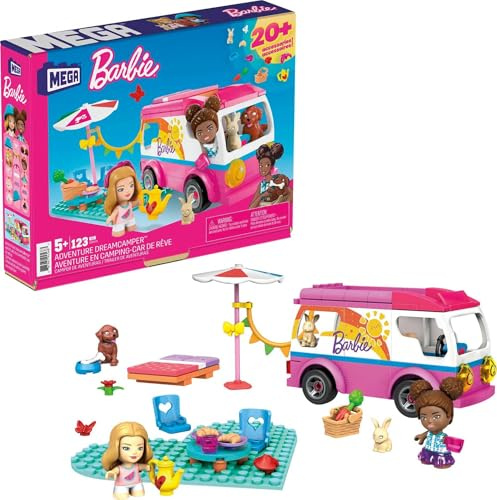 MEGA Barbie Camper Building Toy Vehicle Playset, Adventure DreamCamper with 123 Pieces, 2 Micro-Dolls, Accessories, Pets and Furniture,, GWR35,Multicolor,20.5 x 26 x 5 cm