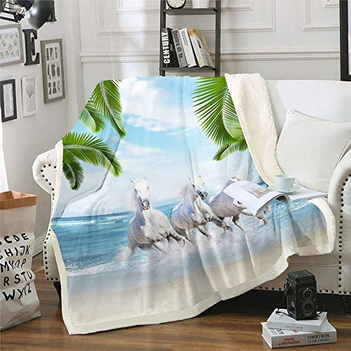 Weißes Pferd Decke Werfen DREI Laufende Pferde Sherpa Decke Hawaiian Ozean Strand Fleece Decke FÜR Kinder Jungen Mädchen Erwachsene Wild Animal Urlaub Stil NatÜRliche Fuzzy Decke Sofa Dekor 130×150