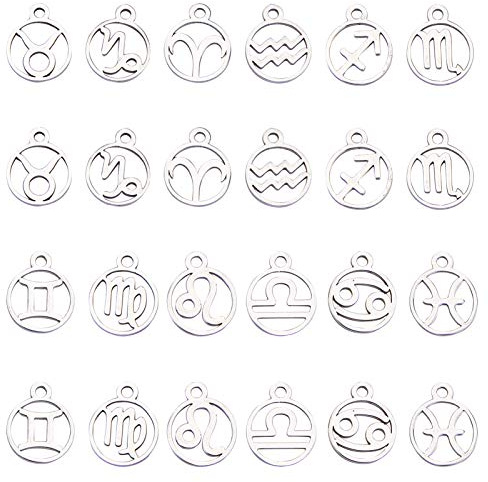 SUNNYCLUE 1 Box 24 Stück Edelstahl Flach Rund 12 Konstellationen Tierkreiszeichen Charms 316L Edelstahl Charms Für Die Herstellung von Armbändern Halsketten Ohrringe Handgemachte Accessoires