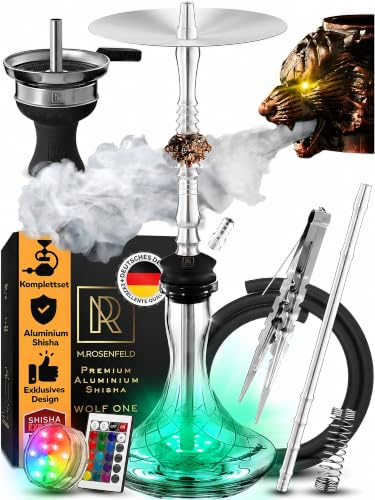 Cachimba Completo WOLF ONE - con un exclusivo flujo de aire a través de 3 elegantes cabezas de lobo de cobre - Conjunto de shisha de aluminio especial para personas con buen gusto 85 cm.