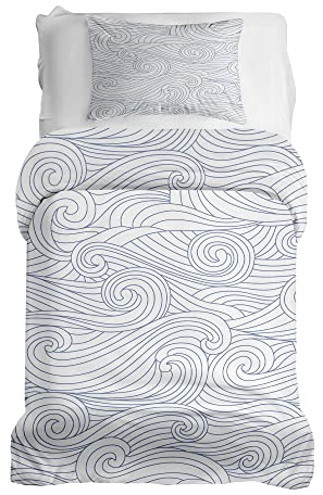 Gravity Bettwäsche 2 teilig Set für Gewichtsdecke Schlaufen Bezugssystem Baumwolle Deckenbezug 135x200cm und Kissenbezug 80x80cm für Erwachsene/Jugendliche Wellen Ozean blau weiß