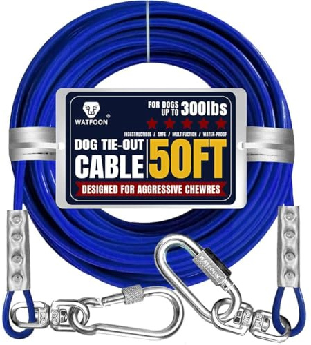 Cable de Amarre para Perros de 50 pies, Correas para Perros Grandes de hasta 300 Libras, 5 mm, Resistente a la Rotura de 1000 Libras, de Acero Trenzado galvanizado para Exteriores (Azul)