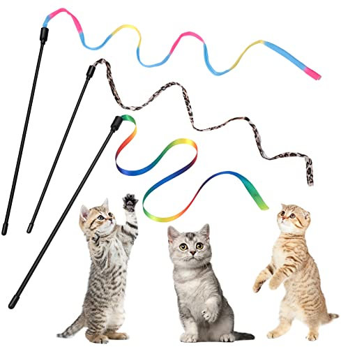 Cobee 3 Packungen Katzen Zauberstab Spielzeug Set, 30 cm Interaktiver Katzen Zauberstab mit 60 cm Regenbogenbandschnur + Regenbogen Stoffschnur + Leopardenmuster Stoffschnur