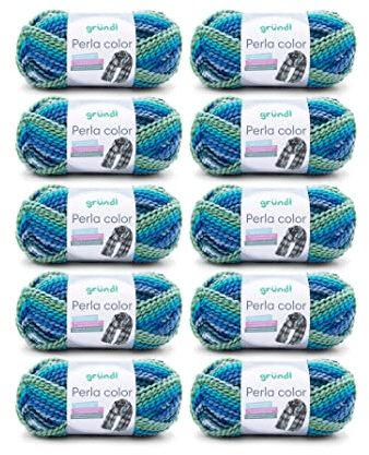 Gründl Wolle Perla color 10 x 100 g, türkisblau-lagune-grün-weiß | (wollähnliches Handstrickgarn aus 100 % Polyester ,100 g / 90 m, Nadelstärke: 8 - 9 , 100 g