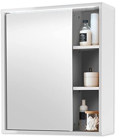 Stella Trading Spiegelschrank Bad mit LED-Beleuchtung in Weiß - Badezimmerspiegel Schrank mit viel Stauraum - 60 x 70 x 20 cm (B/H/T)