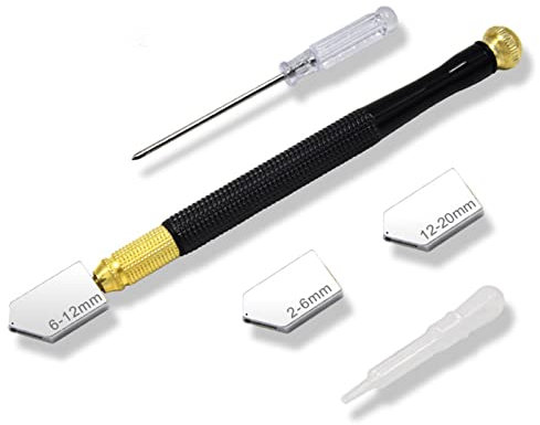 Kit Tagliavetro da 5 Pezzi - Utensile da Taglio per Piastrelle in Metallo Duro a Matita, 3 Lame di Ricambio (2-20 Mm), Cacciavite, Alimentatore di Olio, per Specchio per Piastrelle a Mosaico in Vetro