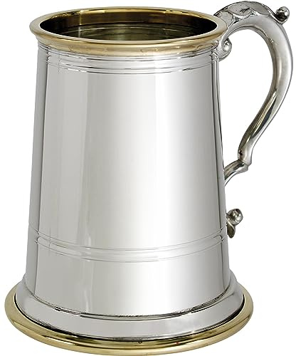 Pewter Glass Bottom Tankard 1 Pint Wortley with Brass Detail Pure Heavy Gauge Beer Tankard Perfect for Engraved Personalised Gifts for Men and Women
