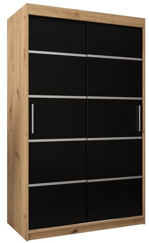 MEBLE KRYSPOL Schwebetürenschrank Verona 1 120 cm Kleiderschrank mit Kleiderstange und Einlegeboden Schlafzimmer- Wohnzimmerschrank Schiebetüren Modern Design (Artisan Eiche + Schwarz)
