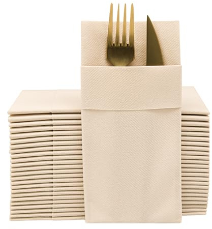 Beige Dinner Napkins Cloth Like with Built-in Flatware Pocket, Linen-Feel Absorbent Disposable Paper Hand Napkins for Kitchen, Bathroom, Parties, Weddings, Dinners or Events, 16x16 inches, Pack of 50