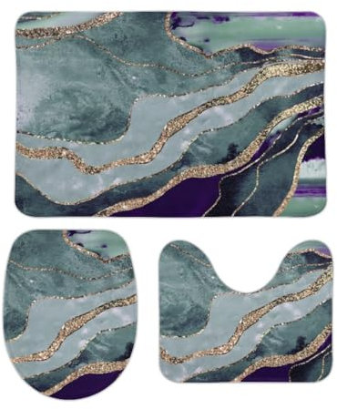 Badematte 3-TLG Aquamariner Lila Marmor-Gold-Glitzer-Glamour Anti-Rutsch U-Förmigen Contour Matte Shaggy Wc-Deckelbezug Weiche 3-Teiliges Badteppich-Set