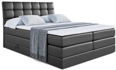 ALTDECOR Boxspringbett mit Matratze und Lattenrost, Topper, Polsterbett mit Bettkasten, Bett mit Stauraum H3- und H4- Matratze, Doppelbett, Springboxbett - BRUGO King - 120x200 - Schwarz Kunstleder
