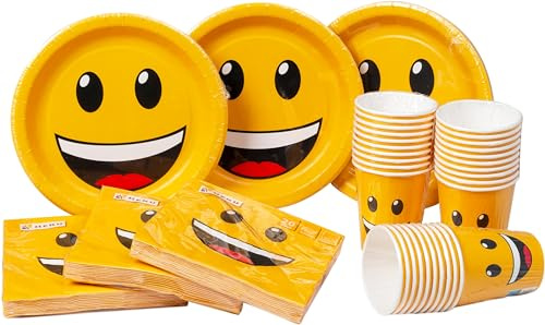 HEKU Kit de fête jetable 120 pièces avec motif smiley I Comprend des assiettes en carton, des gobelets de fête (0,25 l) et des serviettes (33 x 33 cm) I Idéal pour les fêtes, les barbecues et les