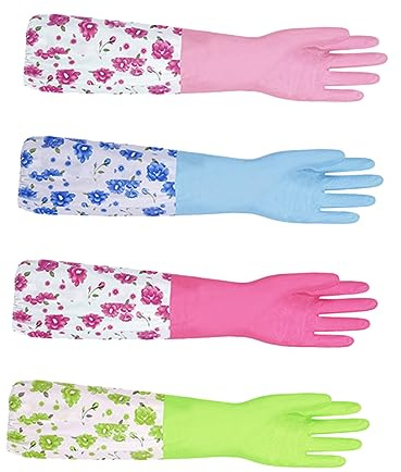 PLAFOPE 2pair Rubber Material Dishwashing Gloves Kitchen Cleaning Household Gloves Thicken for Washing up Home Use Flower Printing Style Random Color