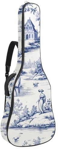 Gitarrentasche für Akustikgitarre mit zwei Taschen, Weiß und Blau, Toile, wasserabweisend, doppelt verstellbarer Schultergurt, Gitarrentasche, Weiße und blaue Toilette, 42.9x16.9x4.7 in, Stilvoll