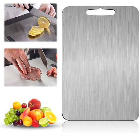 Planche à Découper en Titane et Acier Inoxydable 304 - Double Face 34x23 cm - Qualité Alimentaire pour Cuisine, Viande, Fruits et Légumes - Facile à Nettoyer