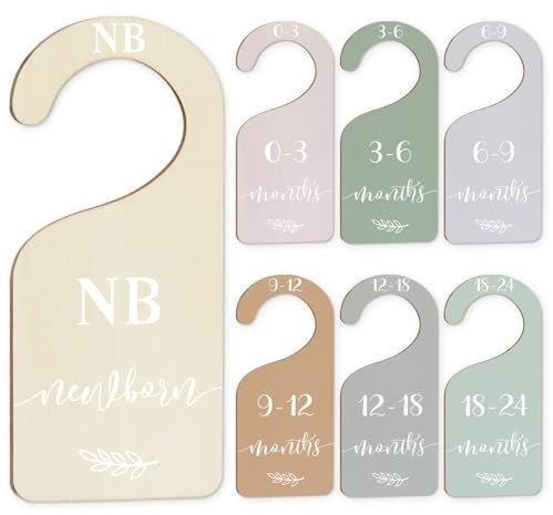 Whaline 7 Pcs Terrazzo Wood Baby Closet Size Dividers with White Velvet Bag Newborn to 24 Month Thicken Infant Wardrobe Hanger Organizers for Home Nursery Party Supplies