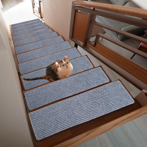 ExKeen 15 PCS Carpet Stair Treads,Non Slip Rubber Backing, 20 x 76cm Stair Carpet Removable and Machine Washable, Indoor Stair Runner Rugs Cover Mat Perfect for Pets Kids Elders (Light Gray)