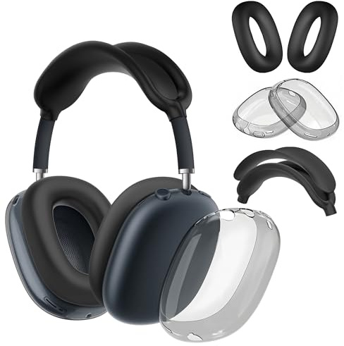 Seltureone 4 in 1 Hülle kompatibel für AirPods Max/AirPods Max 2 Ohrpolster | Ohrmuschel-Abdeckungs Schutz, Silikon-Kopfhörer-Schutzhülle, Zubehör für AirPod Max-Kopfhörer, Ohrpolster - Schwarz