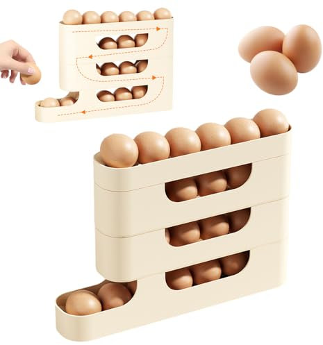 Egg Holder for Fridge, Transparent Rolling Egg Dispenser, Space Saving Eggs Tray, Auto Rolling Fridge Oval Organizer, Automatically Rolling Oval Storage Container for Kitchen Refrigerator Table (4)