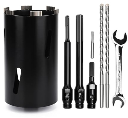 Bohrkrone 122mm,Nutzlänge 200mm für Mauerwerk,SDS Plus,SDS Max,Sechskant | Zentrierbohrer 10x240mm, SDS Plus Schaft 220mm, SDS Max 220mm, Sechskantschaft 110mm