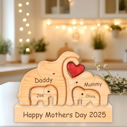 Personalisiertes Holzkunstpuzzle der Bärenfamilie Geschenk mit 2-7 Namen We Are One Holz Bär Skulpturen als Desktop Ornament Personalisiertes Geschenk für Muttertag Vatertag Weihnachts (Stil-C)