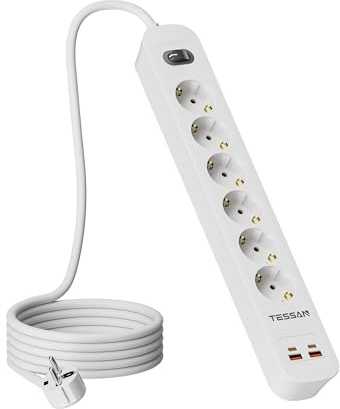 TESSAN 10 i 1 Grenuttag med USB C (20W), 6 vägs uttag och 4 USB portar snabbladdning, grenuttag med strömbrytare och förlängningssladd 5 meter, platt uttag för hem, kontor, kök, vardagsrum, vit