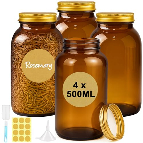 Ferenando 4 Stück Braungläser 500ml mit Schraubverschluss, Braune Gläser | Luftdicht Vorratsgläser mit Deckel, Etiketten & Trichter, Vorratsdosen Glas Apothekerglas für Gewürze, Kräuter, Tee, Kaffee